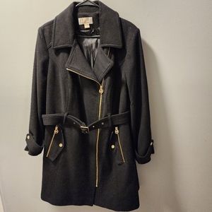Michael Kors Mid-Length Trench Coat WITH BELT Wool Blend Black 1X Gold Zipper